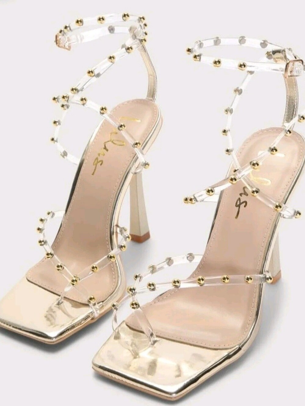 LuLus Goosyy Gold Patent Studded High Heel Sandals Size 9